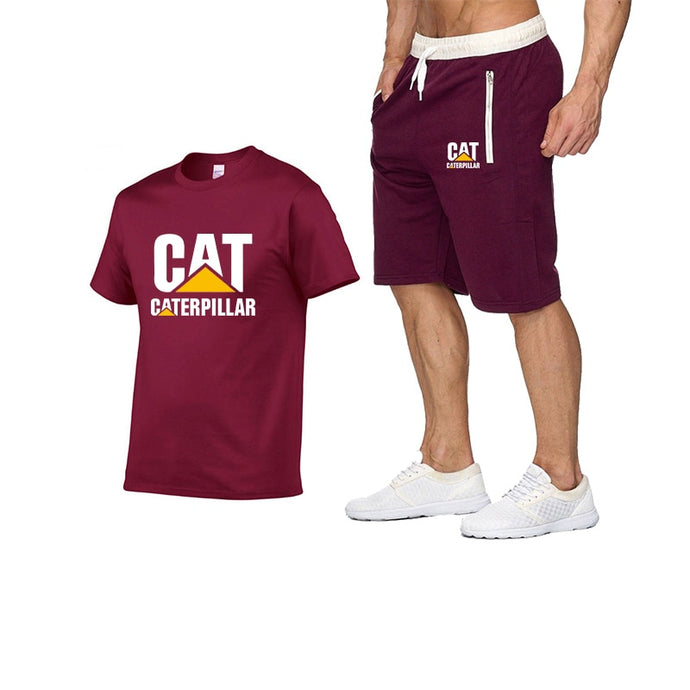 2019 new men's T-shirt+men's pants printing cat caterpillar logo short